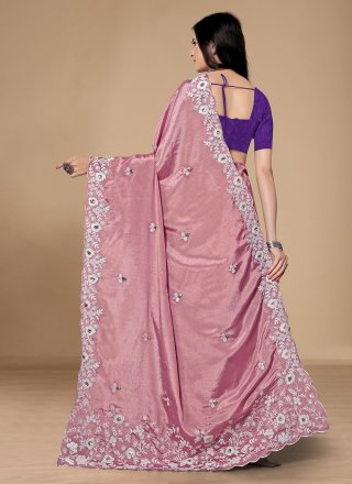 Pink Chinon Embroidered Work Trendy Saree for Women