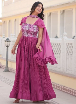 Pink Chinon Gown with Print Work for Women