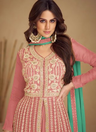 Pink Chinon Palazzo Salwar Suit with Booti and Embroidered Work
