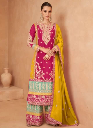 Pink Chinon Palazzo Salwar Suit with Embroidered and Sequins Work for Women