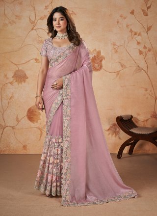 Pink Cord, Embroidered, Sequins, Stone and Thread Work Satin Silk Contemporary Sari
