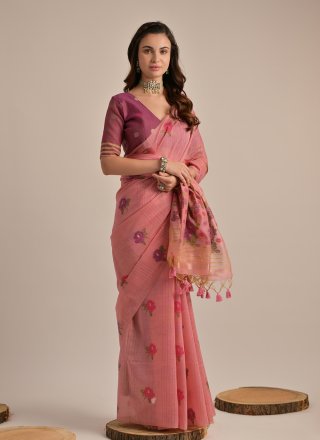 Pink Cotton Classic Saree with Print Work for Women