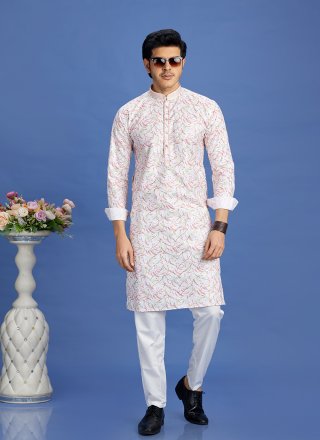 Pink Cotton Digital Print and Embroidered Work Kurta Pyjama for Men