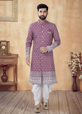 Pink Cotton Embroidered, Sequins and Thread Work Sherwani Mens Wear
