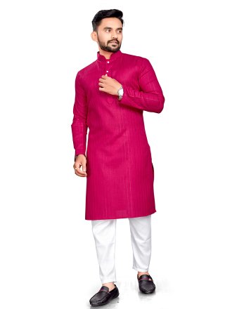 Pink Cotton Kurta Pyjama In Plain