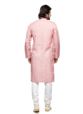 Pink Cotton Kurta Pyjama with Digital Print and Thread Work for Ceremonial