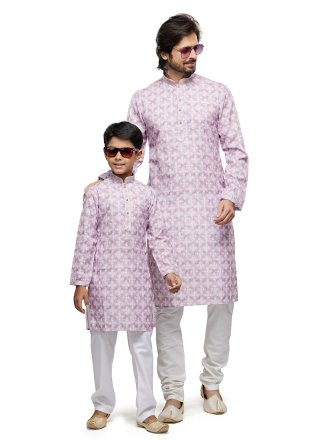 Pink Cotton Mens & Kids Combo with Digital Print Work for Ceremonial
