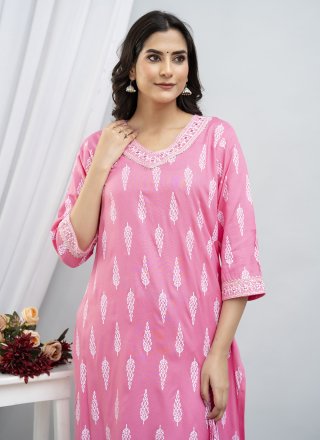 Pink Cotton Print Work Readymade Salwar Suit for Festival