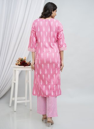 Pink Cotton Print Work Readymade Salwar Suit for Festival