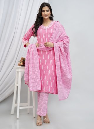 Pink Cotton Print Work Readymade Salwar Suit for Festival