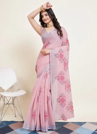 Pink Cotton Print Work Trendy Saree