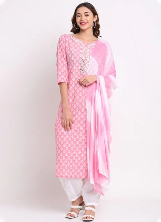 Pink Cotton Salwar Suit with Floral Patch and Mirror Work for Women