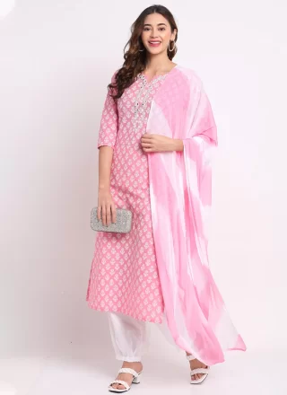Pink Cotton Salwar Suit with Floral Patch and Mirror Work for Women