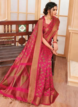 Pink Cotton Silk Weaving Work Trendy Saree for Ceremonial