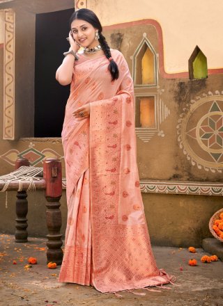 Pink Cotton Traditional Saree with Weaving Work
