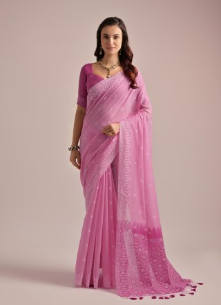 Pink Cotton Weaving Work Traditional Saree for Ceremonial