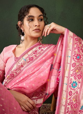 Pink Cotton Woven Work Contemporary Sari for Casual