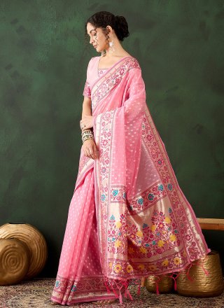 Pink Cotton Woven Work Contemporary Sari for Casual