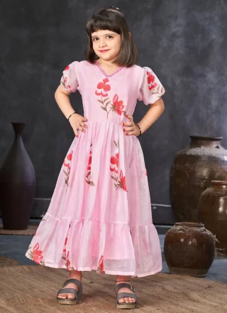 Pink Digital Print Work Fancy Fabric Gown Kids Wear