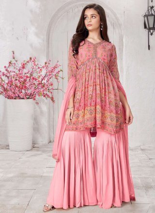 Pink Embroidered and Print Work Muslin Salwar Suit