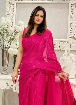 Pink Embroidered and Sequins Work Georgette Trendy Saree