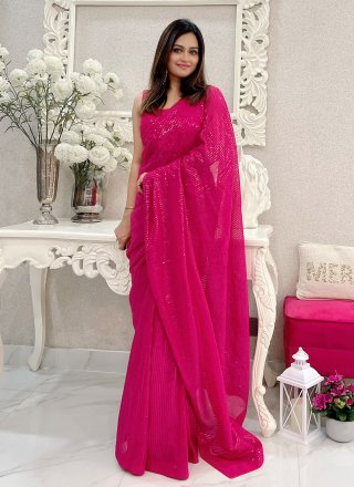 Pink Embroidered and Sequins Work Georgette Trendy Saree