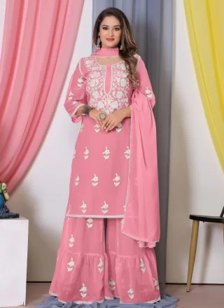 Pink Embroidered and Thread Work Georgette Salwar Suit