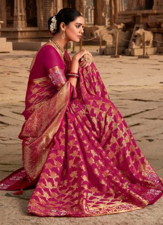 Pink Embroidered and Weaving Work Georgette Classic Sari