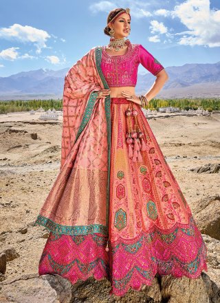 Pink Embroidered, Resham, Sequins and Zari Work Banarasi Silk A - Line Lehenga Choli