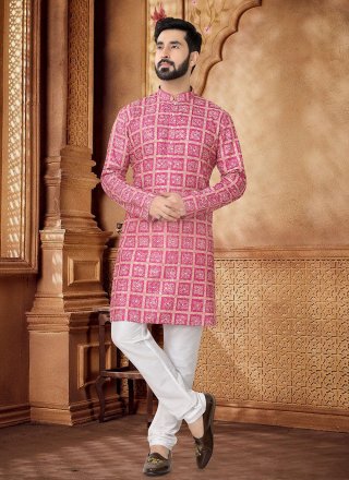 Pink Embroidered, Sequins and Thread Work Cotton Kurta Pyjama
