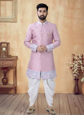 Pink Embroidered, Sequins and Thread Work Silk Sherwani Mens Wear