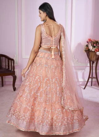 Pink Embroidered, Sequins, Thread and Zari Work Net Lehenga Choli