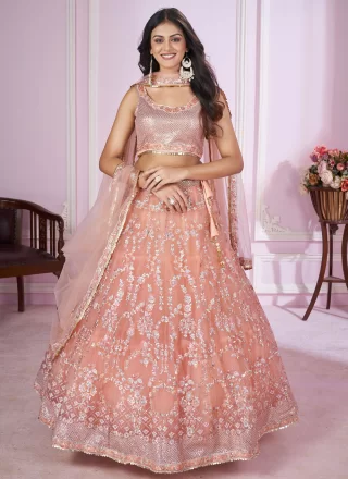 Pink Embroidered, Sequins, Thread and Zari Work Net Lehenga Choli