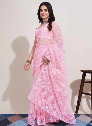 Pink Embroidered Work Net Classic Sari