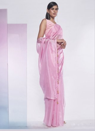 Pink Fancy Fabric Designer Sari with Fancy Work