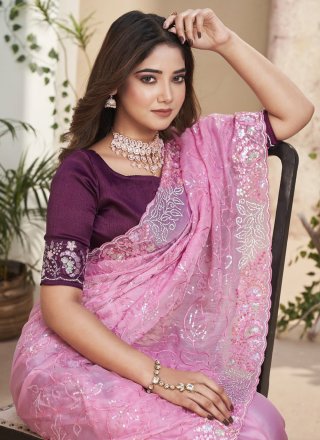 Pink Fancy Fabric Embroidered and Sequins Work Trendy Saree for Engagement