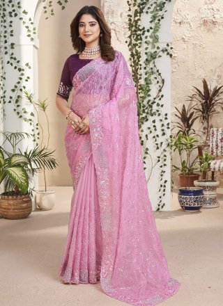 Blush Pink Color Silk Fabric Saree With Sequins Work