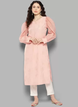 Pink Faux Crepe Casual Kurti with Floral Patch Work