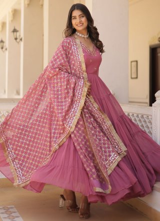 Pink Faux Georgette Designer Gown with Embroidered and Sequins Work for Ceremonial