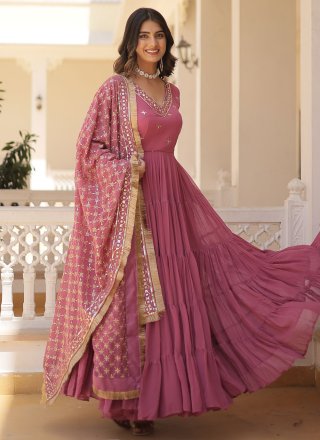 Pink Faux Georgette Designer Gown with Embroidered and Sequins Work for Ceremonial