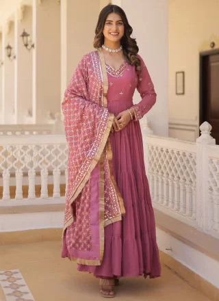 Pink Faux Georgette Designer Gown with Embroidered and Sequins Work for Ceremonial