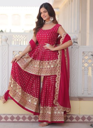 Pink Faux Georgette Embroidered, Sequins and Thread Work Readymade Salwar Suit