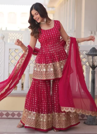 Pink Faux Georgette Embroidered, Sequins and Thread Work Readymade Salwar Suit