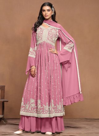 Pink Faux Georgette Embroidered Work Palazzo Salwar Suit for Women