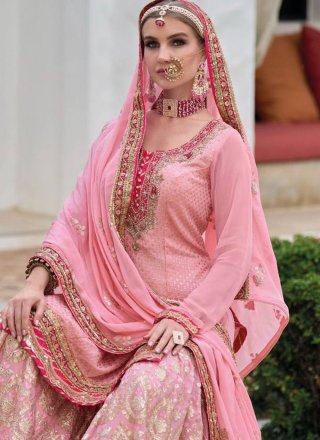 Pink Faux Georgette Embroidered Work Salwar Suit for Engagement
