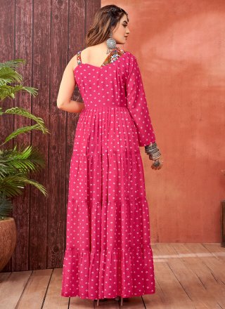 Pink Faux Georgette Fancy, Mirror and Print Work Designer Gown for Ceremonial