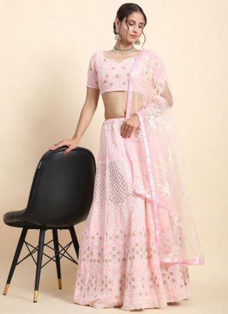 Pink Faux Georgette Lehenga Choli with Embroidered, Sequins, Thread and Zari Work