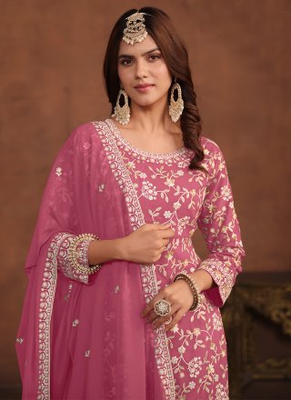 Pink Faux Georgette Palazzo Salwar Suit with Embroidered and Sequins Work for Ceremonial
