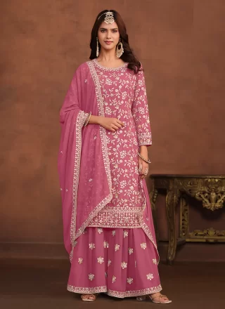 Pink Faux Georgette Palazzo Salwar Suit with Embroidered and Sequins Work for Ceremonial