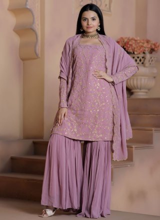 Pink Faux Georgette Palazzo Salwar Suit with Embroidered, Sequins and Zari Work for Ceremonial